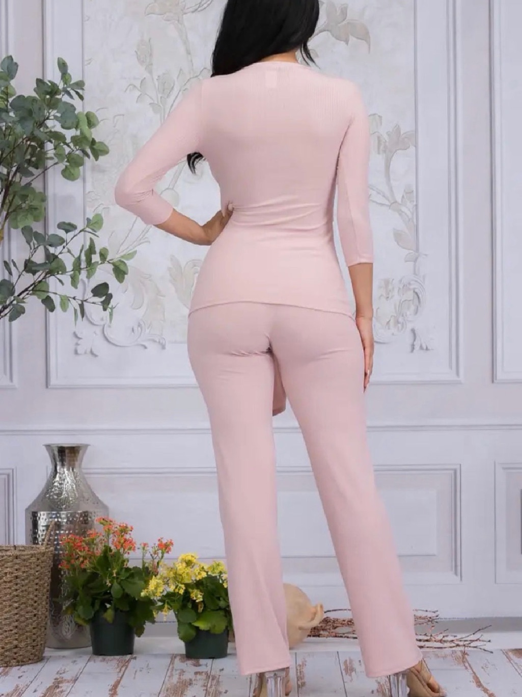 Women's Pink Ribbed Two-Piece Lounge Set
